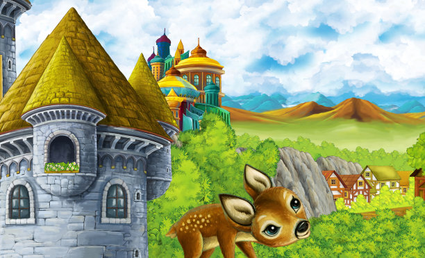 卡通王国城堡山林场插图图片下载