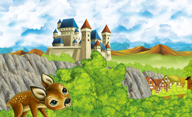 卡通王国城堡山林场插图图片下载
