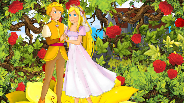 卡通素描场景与婚礼王子和公主在花园插图图片下载