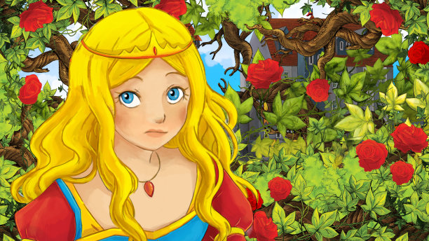 卡通素描场景与公主在花园插图图片下载