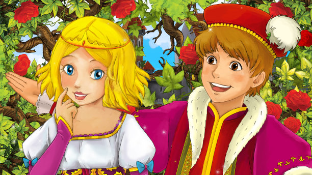 卡通素描场景与婚礼王子和公主在花园插图图片下载