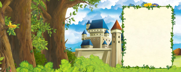 卡通场景与山谷附近的森林和城堡与框架文本插图的儿童图片下载