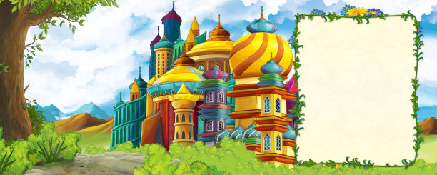 卡通场景与山谷附近的森林和城堡与框架文本插图的儿童图片下载