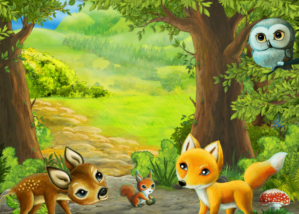 卡通自然场景附近的森林与路径插图图片下载