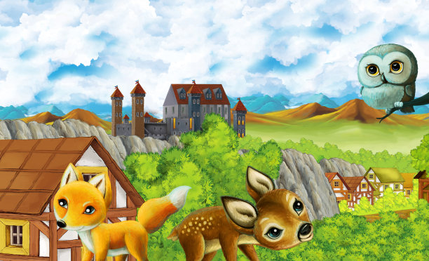卡通王国城堡山林场插图图片下载