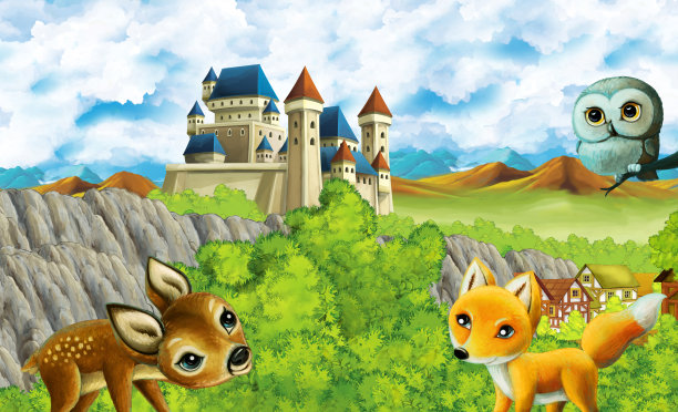 卡通王国城堡山林场插图图片下载