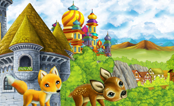 卡通王国城堡山林场插图图片下载