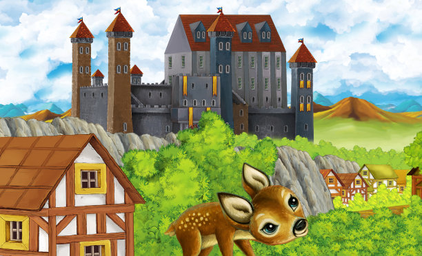 卡通王国城堡山林场插图图片下载