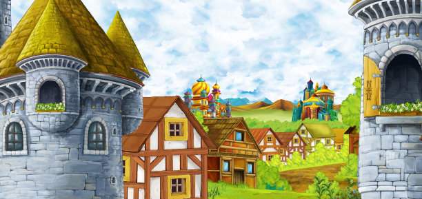 卡通场景与王国城堡和山脉山谷森林和农村定居点插图图片下载