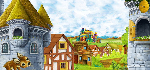 卡通场景与王国城堡和山脉山谷森林和农村定居点插图图片下载