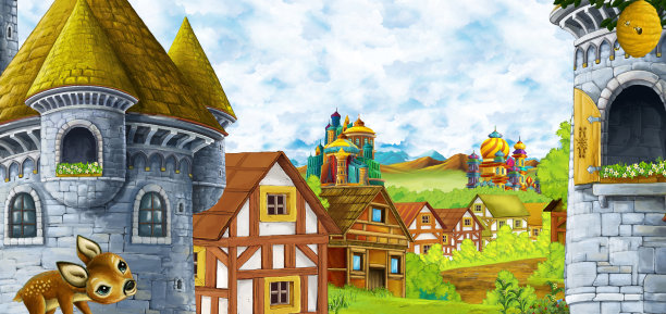 卡通场景与王国城堡和山脉山谷森林和农村定居点插图图片下载