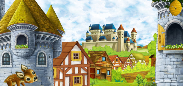 卡通场景与王国城堡和山脉山谷森林和农村定居点插图图片下载