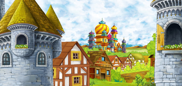 卡通场景与王国城堡和山脉山谷森林和农村定居点插图图片下载