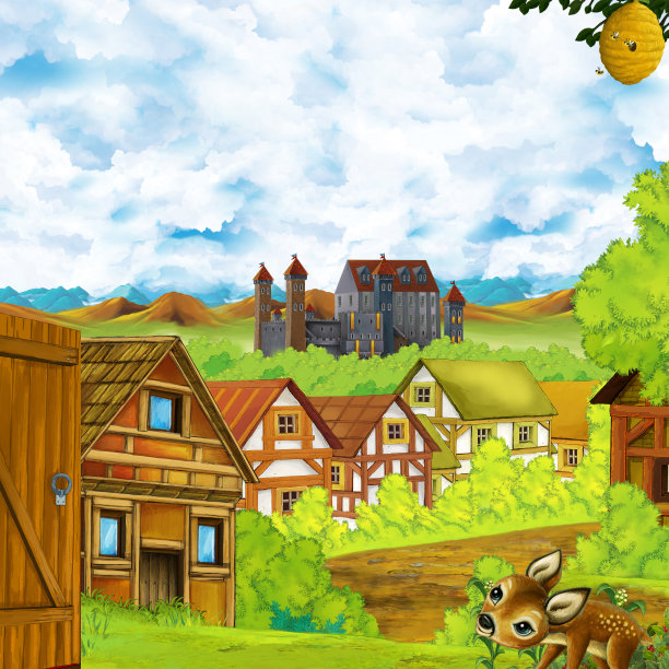 卡通场景与王国城堡和山脉山谷森林和农村定居点插图图片下载