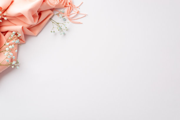 你好，春天概念。顶部视图照片的粉红色格纹和吉卜草花孤立的白色背景与复制空间图片下载