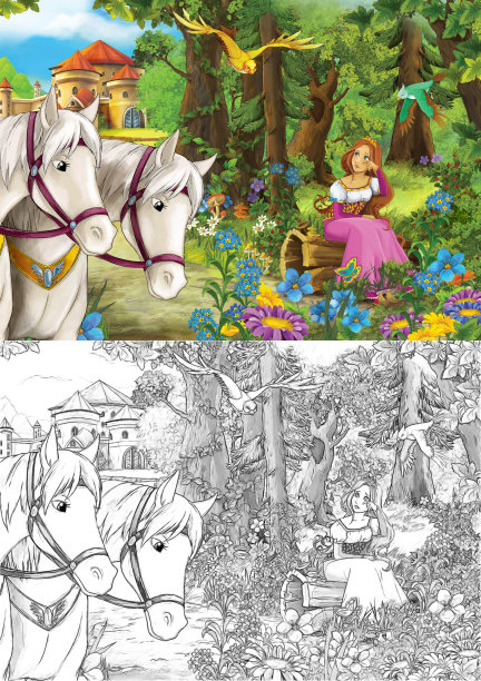 在森林插图附近的公主素描场景图片下载