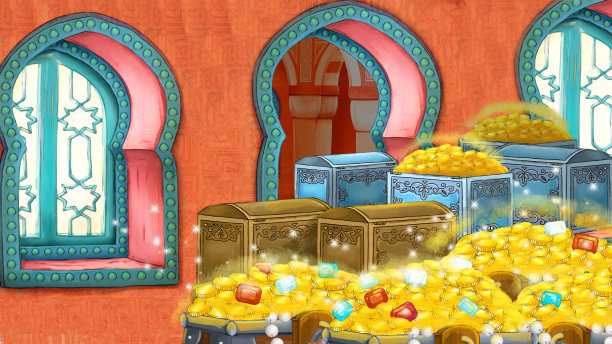 中世纪阿拉伯房间的卡通场景-远东装饰品-不同用途的舞台-儿童插画图片下载