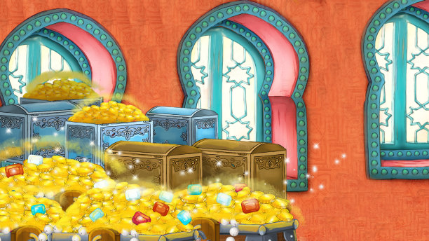 中世纪阿拉伯房间的卡通场景-远东装饰品-不同用途的舞台-儿童插画图片下载