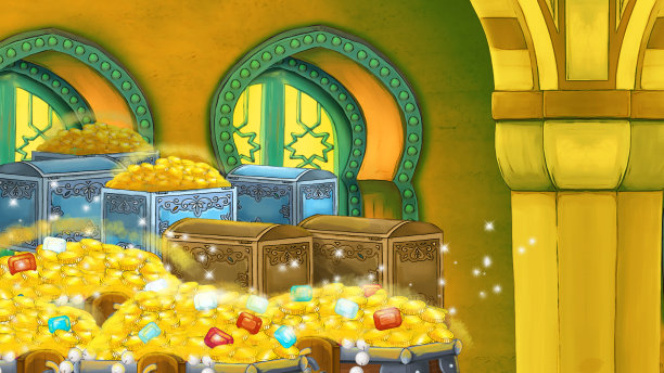 中世纪阿拉伯房间的卡通场景-远东装饰品-不同用途的舞台-儿童插画图片下载