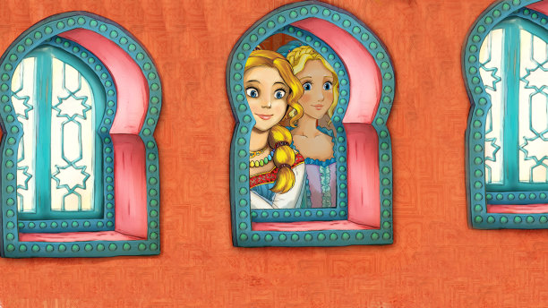 中世纪阿拉伯房间的卡通场景-远东装饰品-不同用途的舞台-儿童插画图片下载