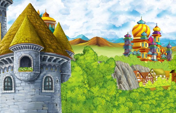 卡通场景与王国城堡和山谷附近的森林和农村插图的儿童图片下载