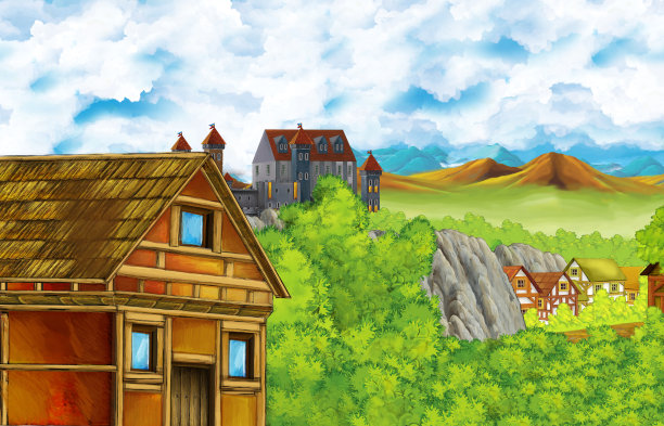 卡通场景与王国城堡和山谷附近的森林和农村插图的儿童图片下载