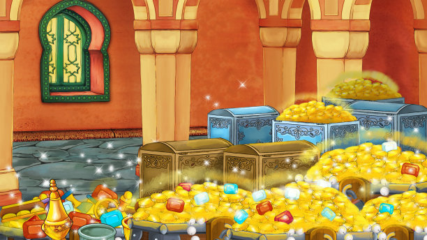 卡通场景与中世纪阿拉伯房间与宝物-远东饰品-舞台不同用途-儿童插图图片下载