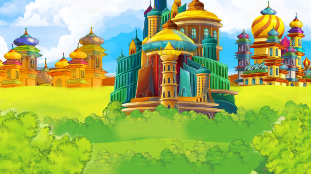 卡通场景与美丽的中世纪城堡-远东王国-儿童插图图片下载