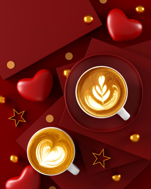 咖啡爱好者。热咖啡杯的顶部视图与咖啡师艺术心形泡沫，红色的心脏和卡片背景。情人节贺卡。前视图。平的。三维演示图片下载