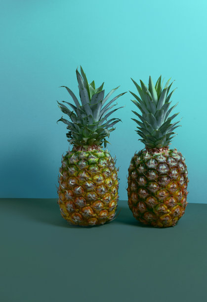 一个美丽的菠萝，在明亮的色彩背景，是突出的侧视图。明亮的构图能吸引注意力，提升情绪。海报设计。甜蜜的夫妻，关系的概念图片下载