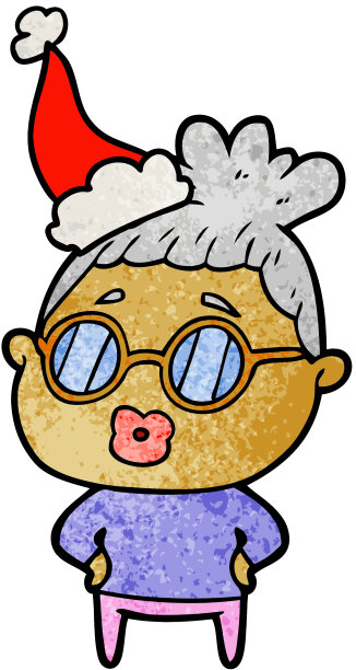 手绘纹理卡通图书管理员的女人戴着眼镜戴着圣诞老人的帽子图片下载