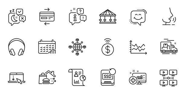 概述一套微笑聊天，非接触式支付和医疗分析线图标的web应用程序。为设计。向量图片下载