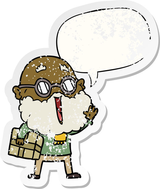 卡通快乐的男人与胡子和包裹腋下的演讲泡沫苦恼苦恼的老贴纸图片下载