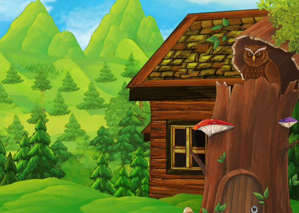 卡通场景与鸟猫头鹰木屋在一些草地插图图片下载