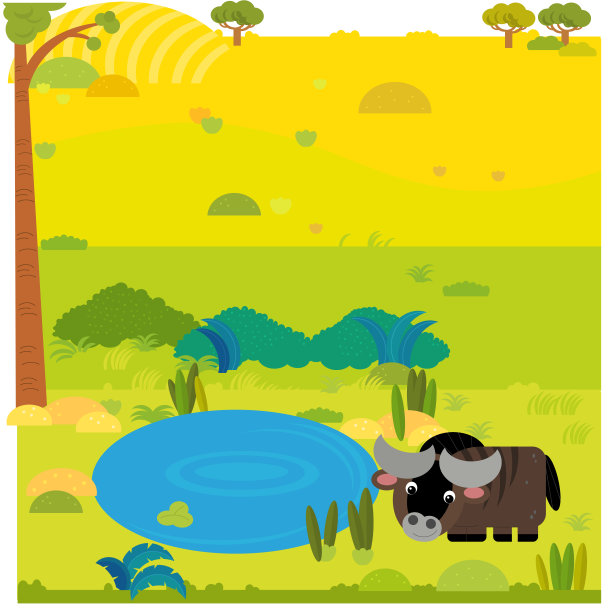 卡通狩猎场景与野生动物gnu在草地插图图片下载