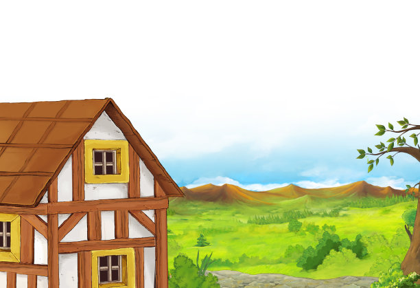 卡通场景与山谷附近的森林与木屋与白色背景空间文字插图的儿童图片下载