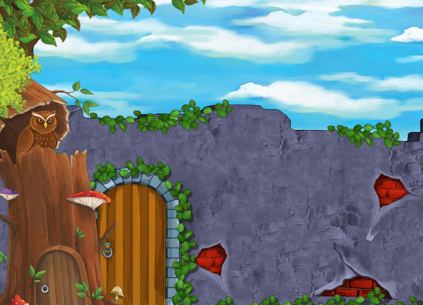卡通场景与鸟猫头鹰与一些墙壁和木门插图图片下载