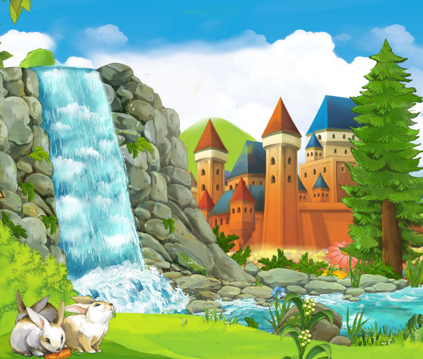 卡通自然场景与瀑布兔子城堡的背景图片下载