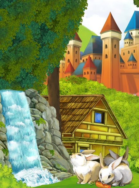 卡通自然场景与瀑布兔子城堡的背景图片下载