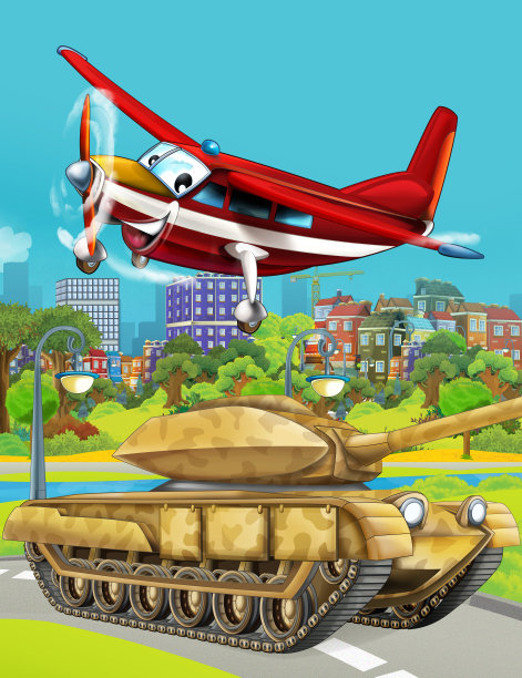 卡通场景与军队不同的执勤车辆在道路上为儿童插图图片下载