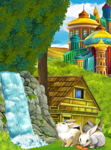 卡通自然场景与瀑布兔子城堡的背景图片下载