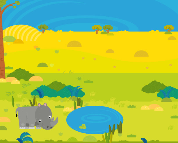 卡通非洲狩猎场景与可爱的野生动物池塘插图图片下载
