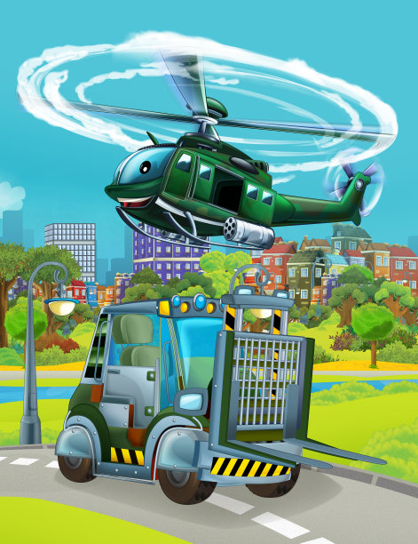 卡通场景与军队不同的执勤车辆在道路上为儿童插图图片下载