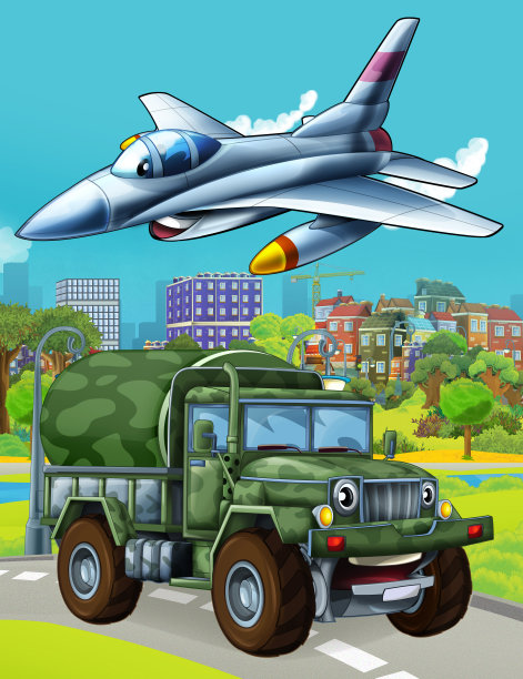 卡通场景与军队不同的执勤车辆在道路上为儿童插图图片下载