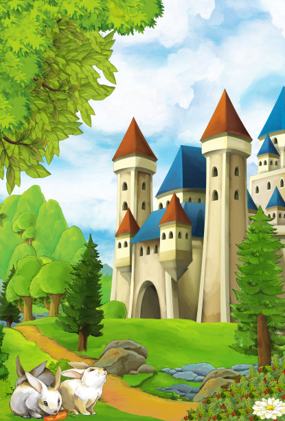 卡通自然场景与瀑布兔子城堡的背景图片下载