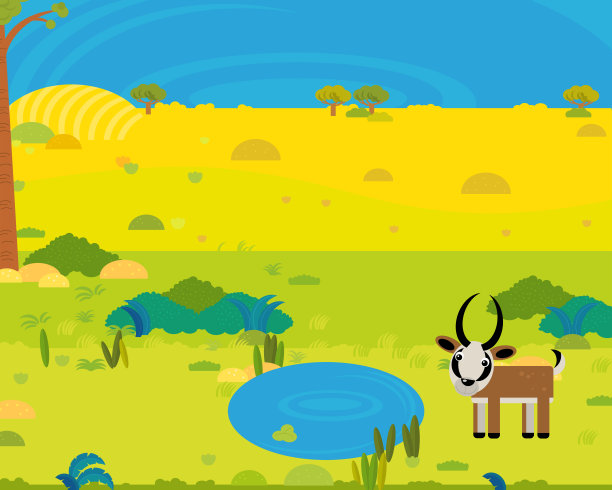 卡通非洲狩猎场景与可爱的野生动物池塘插图图片下载