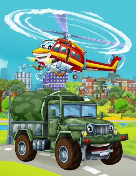 卡通场景与军队不同的执勤车辆在道路上为儿童插图图片下载