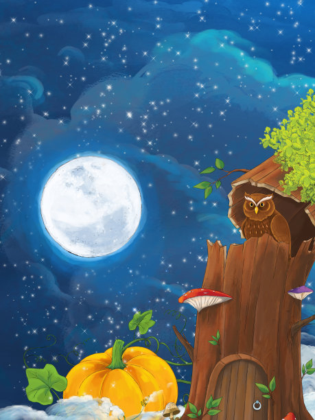 卡通场景猫头鹰坐在树上的夜晚-插图图片下载