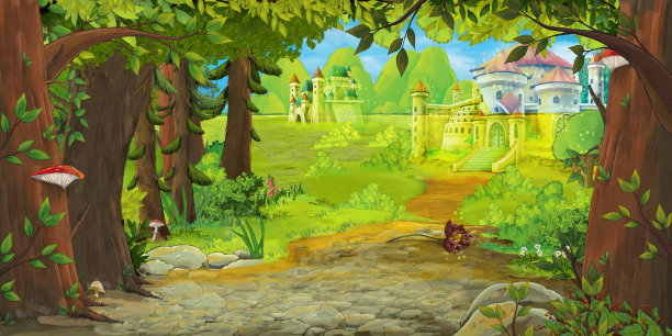 森林附近有美丽城堡的卡通自然景观-儿童插画图片下载