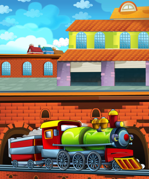 城市附近火车站的卡通火车——儿童插画图片下载